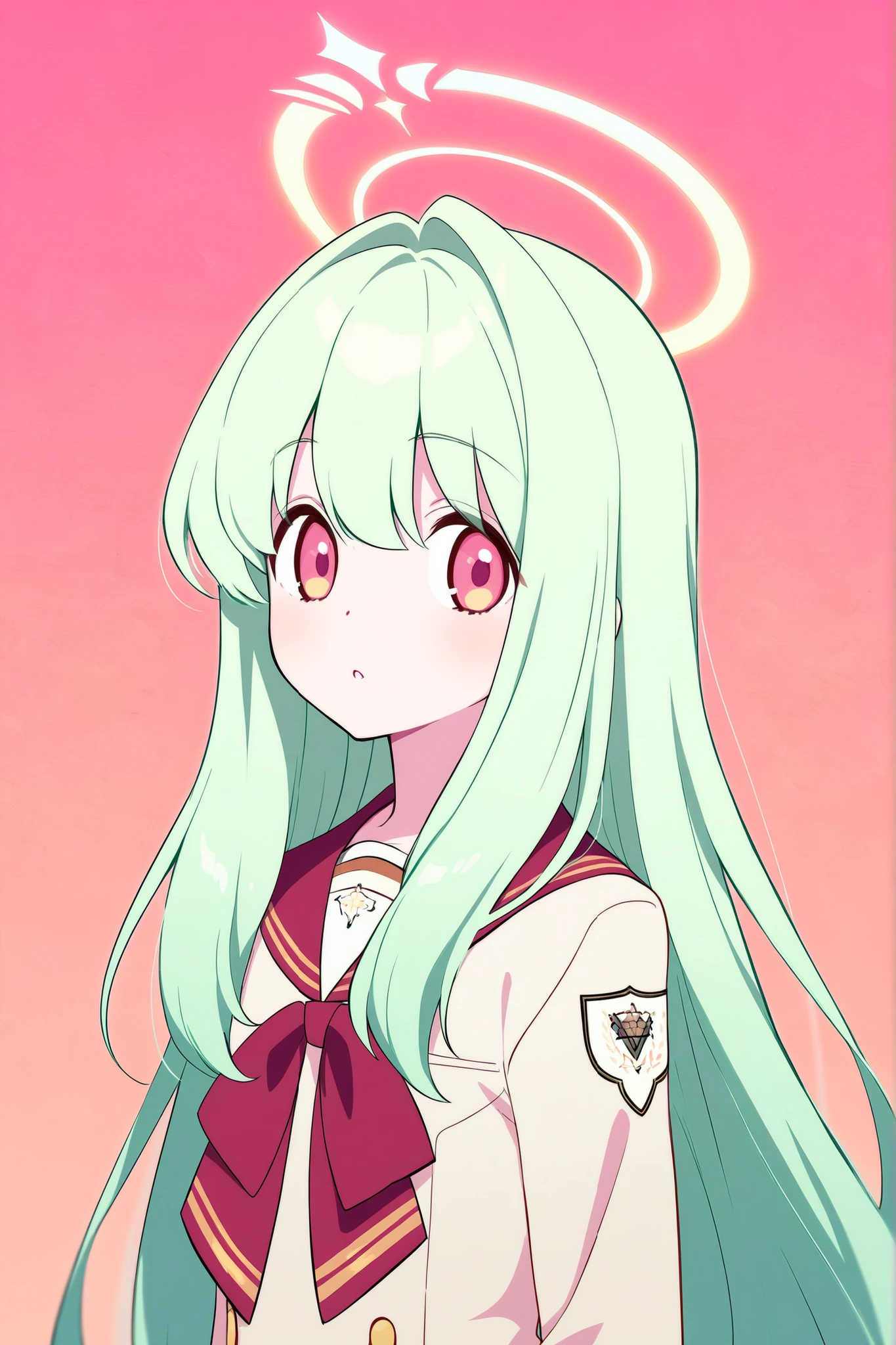 Trinity General School uniform, light green hair, light Red eyes, masterpiece, finely_detailed, Work of art, top quality, 8k, very detailed, animation styling, halo