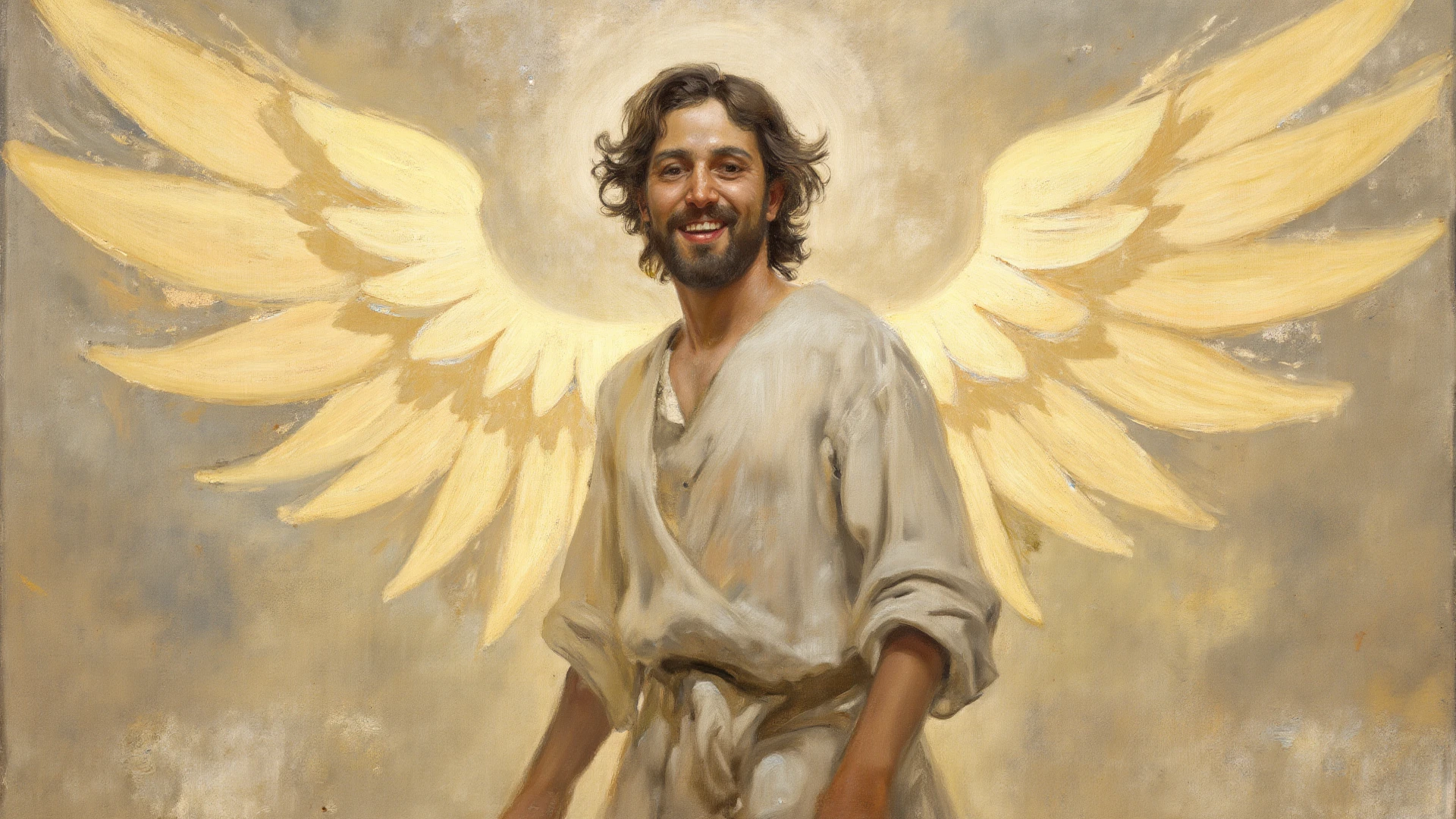 male angel head smiling, big white wings, white greece cloth, smiling, high detailed, oil painting style