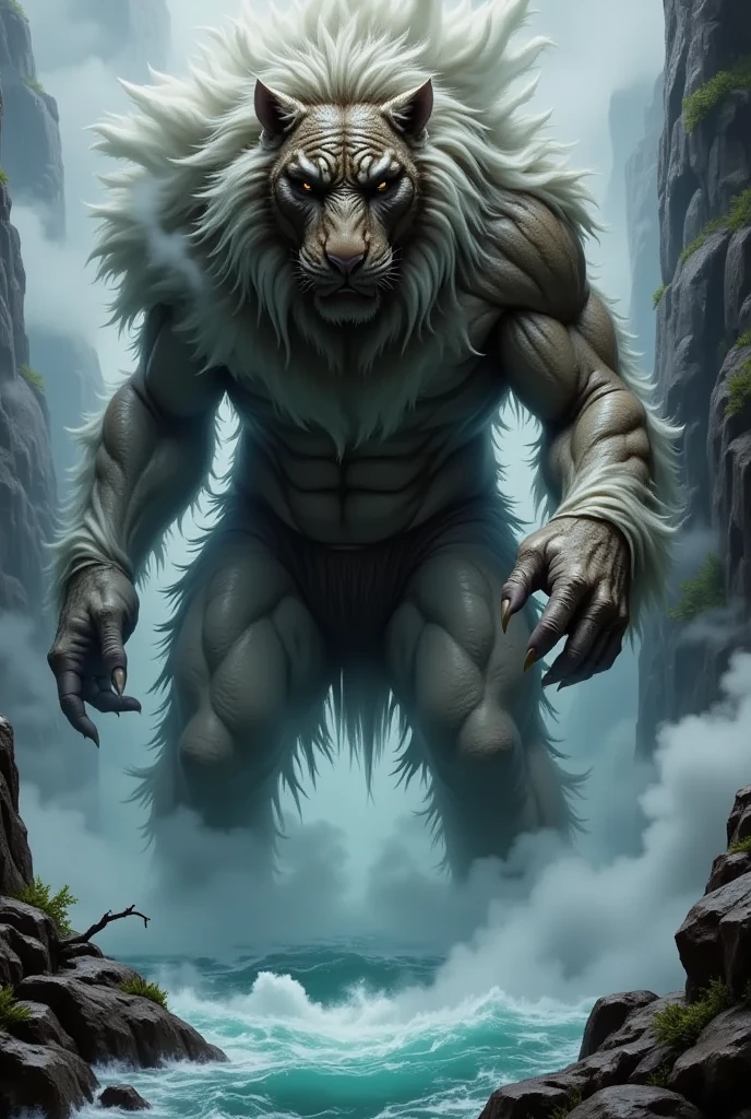 ultra-detailed, masterpiece, masterwork, high quality, best quality, hdr, japanese style, nature, (nsfw), (solo), male, werewolf, (gray little body werewolf), (white body), (nude), (long silver hair), (yellow eyes), cool pose, dynamic angle, (bulge white loincloth), earrings, wolf foots, Scar in one eye,