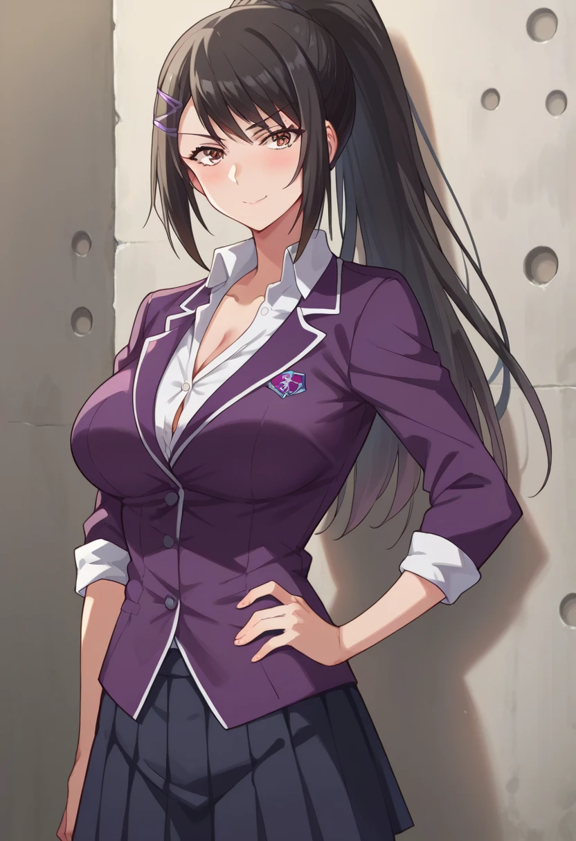 solo, 1girl, looking at viewer, 2D, anime, anime coloring, hotaru rindou, large breast, blush, lipstick, jewelry, earrings, Hot girl, baddie, mean girl, sensual, attractive, masterpiece, best quality, ((unbuttoned school uniform, cleavage, necklace, earrings, sexy body,
breasts)) , micro skirt, smiling, navel , exposed belly, exposed navel,school,
classroom , hold a gun,knot, holding pistol,