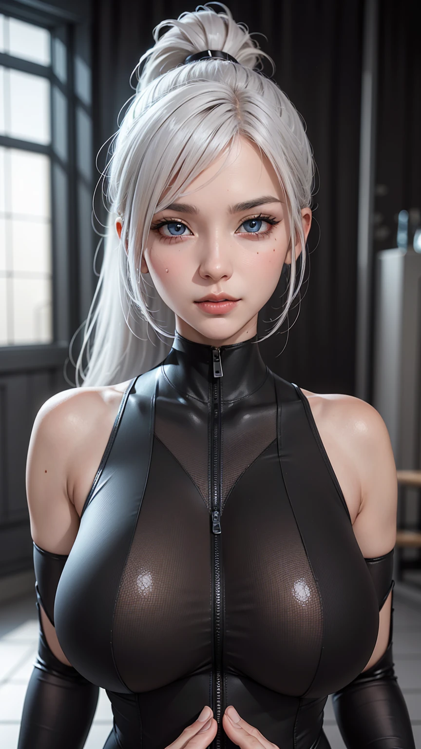 (((完美figure,figure,black bodysuit,(((shiraki meiko,hair bun, glasses,White hair,)))型figure:1.7))),((masterpiece)),high resolution, ((Best quality at best)),masterpiece,quality,Best quality,((( Exquisite facial features,looking at the audience,There is light in the eyes,Happy,nterlacing of light and shadow,huge boobs))),(((looking into camera,)))