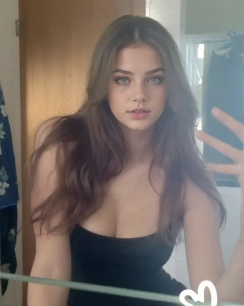 uma foto de uma jovem bonita, ruiva, com os olhos verdes, taken with the iphone camera in front of the mirror wearing a black dress