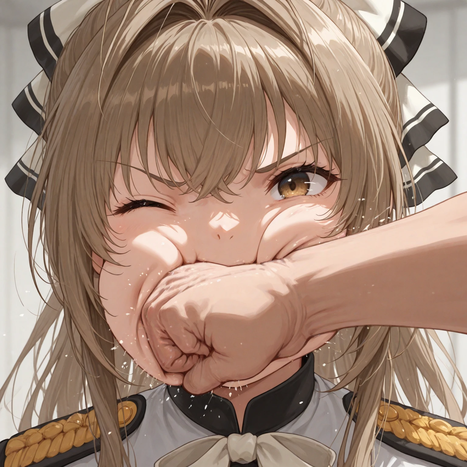 (((masterpiece))),(((best quality))),(ultra-detailed,high resolution:1.2),(illustration),((an extremely delicate and beautiful)),(detailed background), POV, ((((fellatio)))), ((((headpat)))), ((face down)), (cum in mouth:1.4), (((wrestling ring))), ((1petit girl)and(1boy)), hetero, (1petit girl,short stature),((((artoria caster,(second ascension)/(fate/grand order/)))), (slender body:1.4), (long blonde hair,twintails),sidelocks,ahoge, green eyes, (middle breasts), ((She wears white dress, long sleeves, blue beret, black pantyhose, blue footwear, blue cloak, blue bow)), ((((panicking)))), (wavy mouth), open mouth, (cum on clothes,cum on body,excessive cum:1.4),cum facial,bukkake,cum on hair, clothing aside, clothed, (1boy,tall stature:1.4),text,