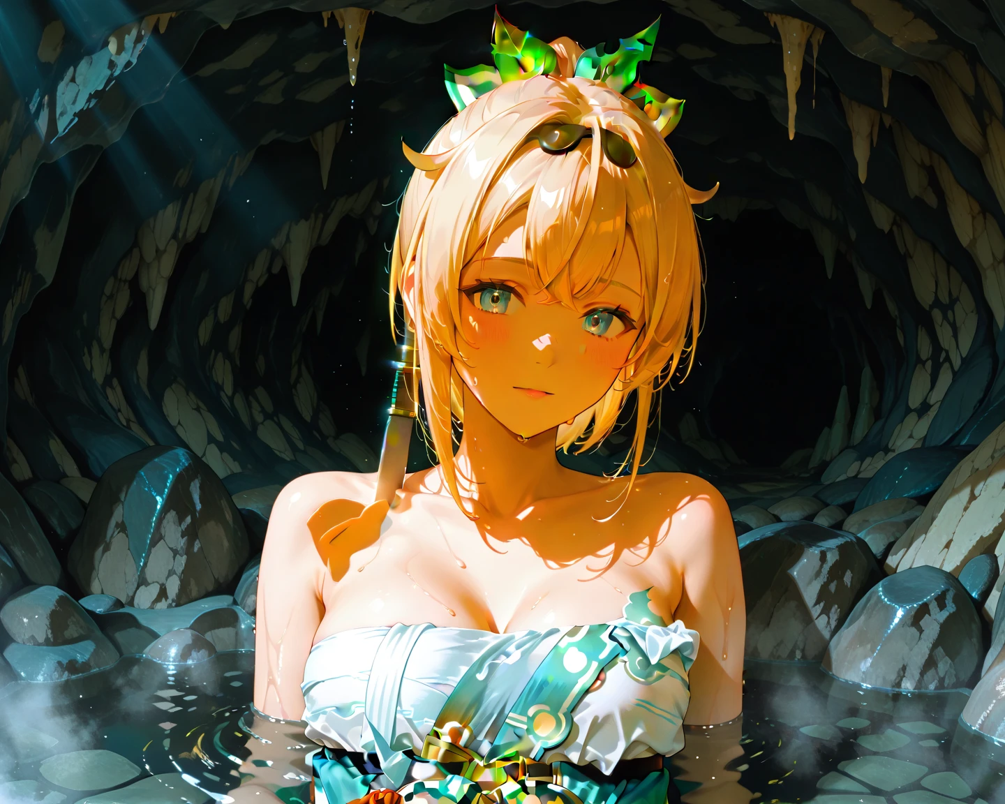 This monster lives Deep in the cave by the water, Slime woman, transparent slime body, body covered with transparent liquid, transparent bikini, wettie hair, slime, liquid,,.