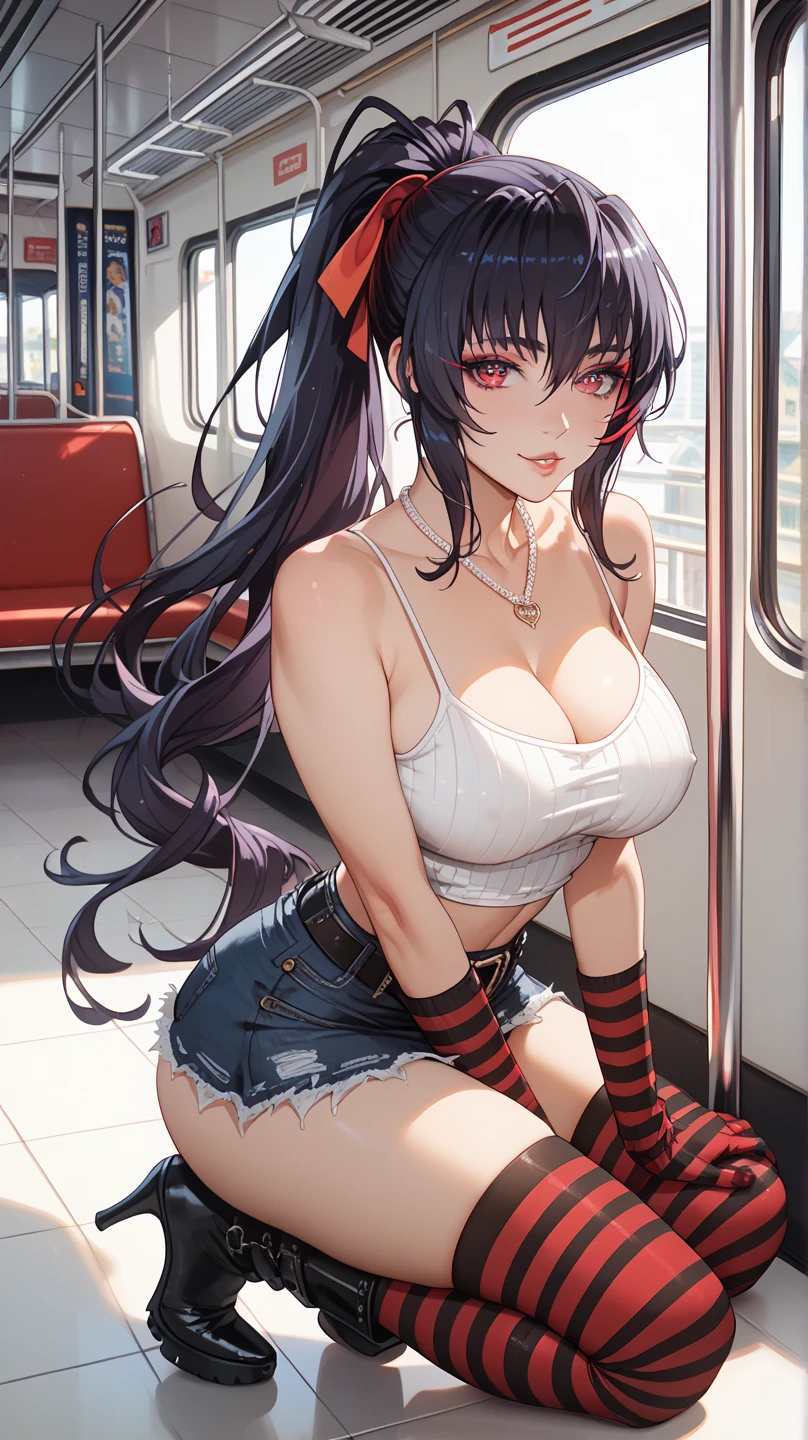 (Enrich the picture,Masterpiece level quality)Beautiful 8K CG artwork,Goddess-like posture,Sitting in the cabin of an airplane,Postural exercises,Slim and soft,Translucent skin,Black color hair、The beauty of extra-long hair, Super Long Straight Hair,The skin is fair and juicy,Underwear miniskirt uniform,Perspective Part 1.2x enhanced silhouette effect,Exquisite transparent blues pattern in pajamas,The details are intricate and exquisite,The background is slightly blurred,Charming and lustful leg seduction,Drool,K cup big breasts,Blush,Japan goddess,Perfect body slim curves,Cabin scene,Lace panties can be seen,spread their legs,Red left eye,The right eye is green,