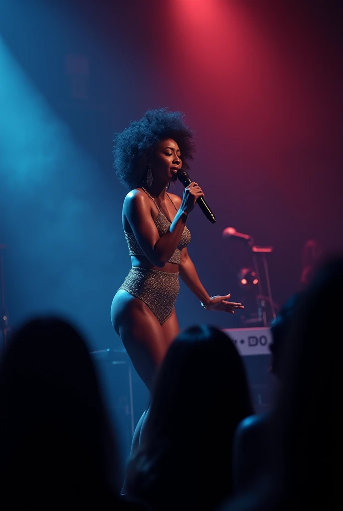 Highest quality,masterpiece,Hard rock band vocalist,Dark silver hair,Live Stage,Radical Slingshot Swimsuit,Small live music venue,Back view, beautiful African American woman.