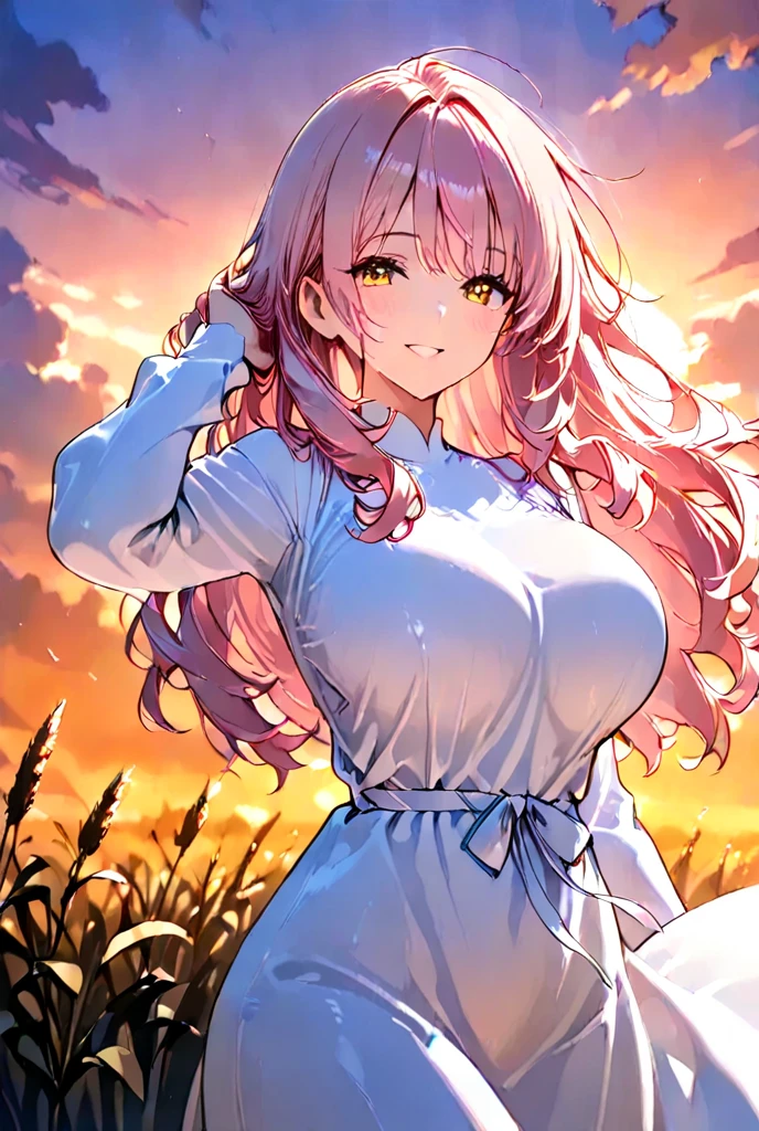 NSFW , ultra detailed, hyper detailed, best quality, highres, 4K, field of flowers, , looking at viewer, puzzled, happy, , shy, very long hair, wave hair, gradient hair, tall, slender,(gigantic breasts), beautiful breasts , (ribbed sweater), dappled sunlight,