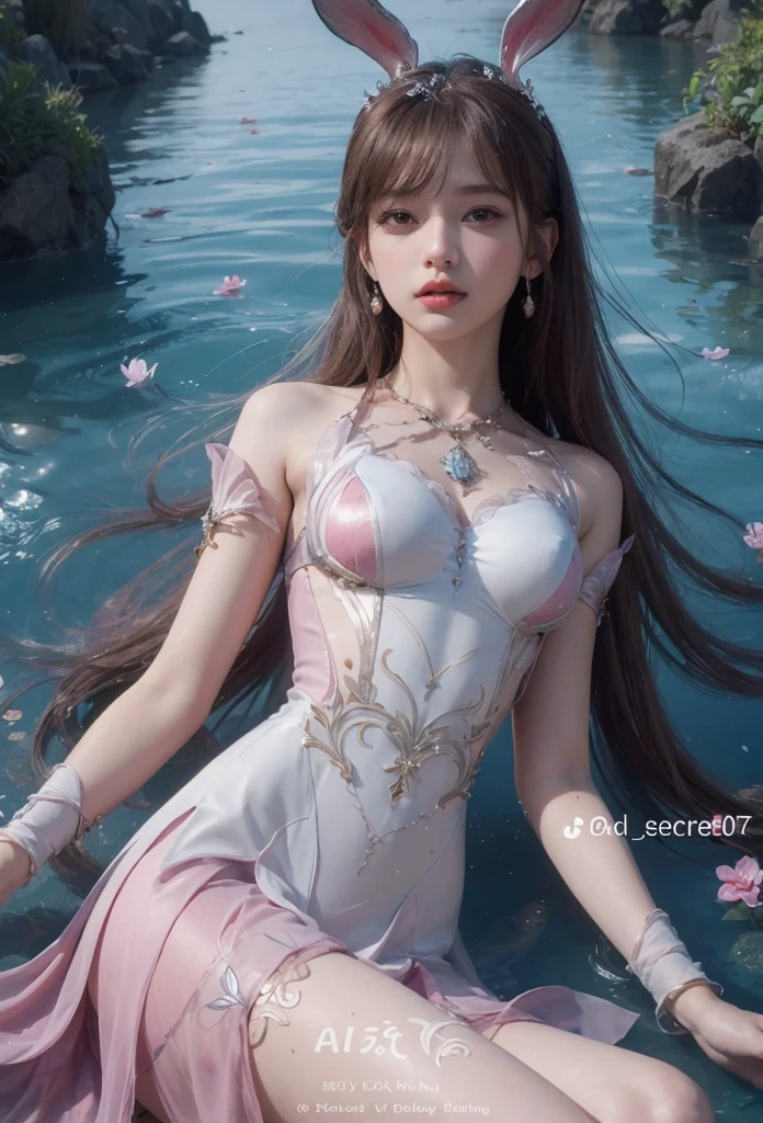 A very beautiful young woman stands in the water of a river and shouts with joy with her hands raised....... (Good Composition) (obra de arte) (Arte expresivo). (((Pechos masivos gigantes)))