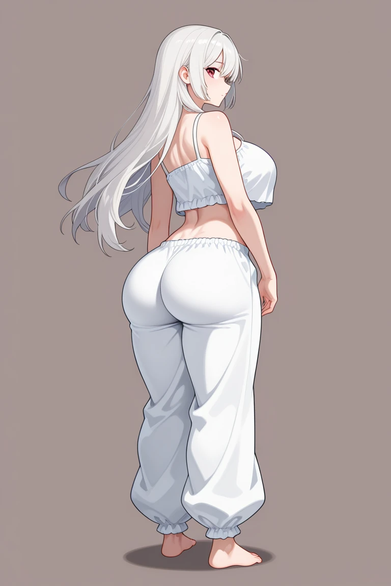 mixed_artwork style, 1 girl, standing alone, hands, beautiful woman, Asian, thick, White shirt, short shorts, ptinta eyes, white hair ptinta locks, twin tails, realistic, textures, 8K, perfect hand, perfect anatomy, Profile, visible curves, Breasts, Hand on the waist, back
