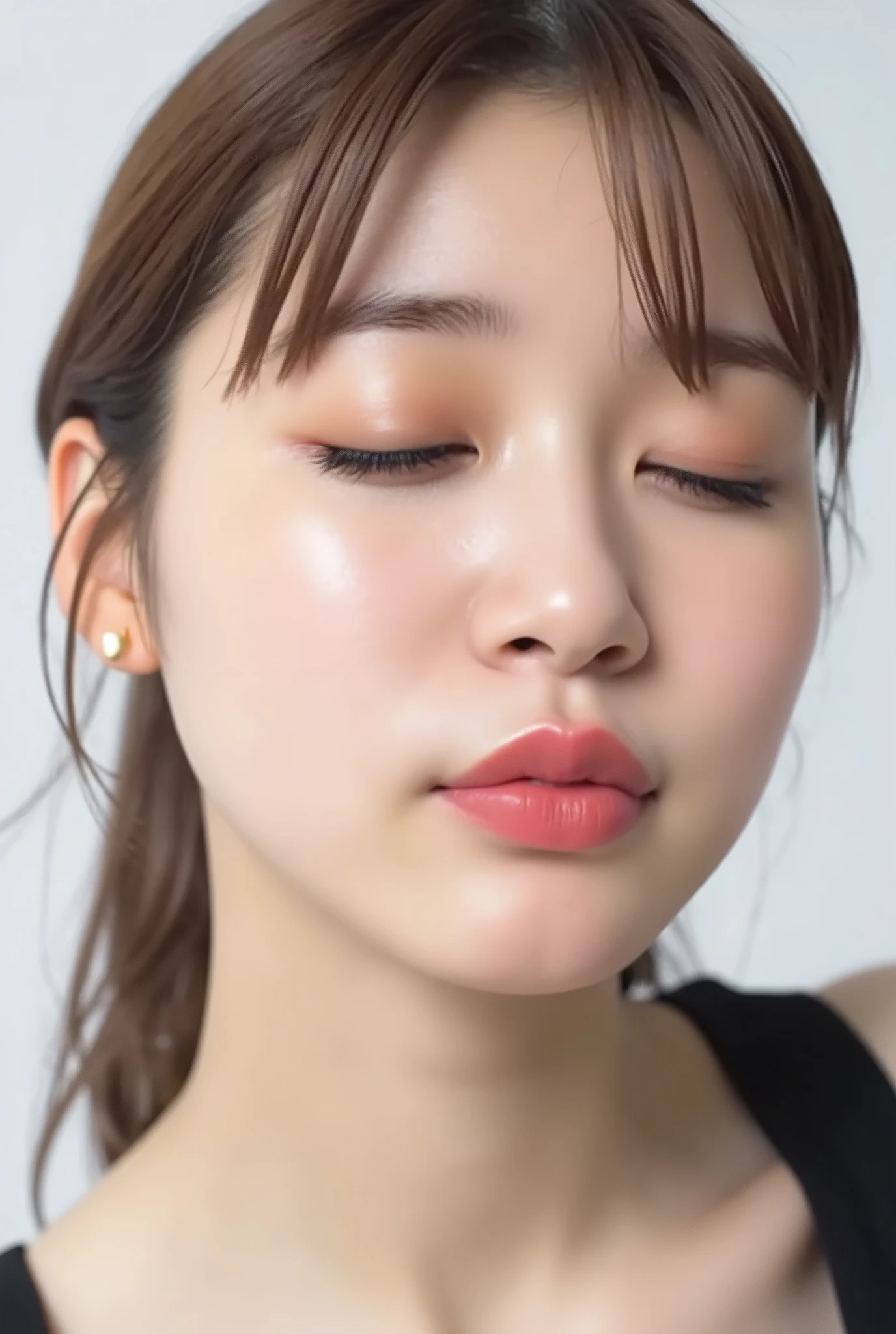 ultra-detailed close-up of a beautiful girl, collarbone-up composition, white studio background, soft natural lighting, slightly elevated front camera angle (around 35-60 degrees), full face and head visible in frame, chin gently lifted as if reaching up, head slightly tilted for cuteness, hands behind back and not visible, black camisole strap visible, soft innocent charm, longing and dere-dere expression, blissful and euphoric smile with flushed cheeks and ears, dreamy and adorable aura, eyes gently closed or nearly closed with soft lashes, expression overflowing with affection and dazed joy
extremely puckered lips forming a tight rounded "O" shape, strongly pursed lips protruding forward, circular and centered kiss-mouth, shimmering glossy lips with wet highlights, lips reflecting light with moist texture, hyperfocus on lips with soft depth-of-field blur around face contour to draw attention, slightly parted mouth (optional) to hint at tongue, but lips retain the tight circular shape
realistic natural skin texture with visible peach fuzz and matte softness, no visible makeup, subtle facial pores and skin microdetails, romantic soft glow
intense feeling of affectionate anticipation, cute and bashful yet deeply inviting kiss pose, soft warm atmosphere
