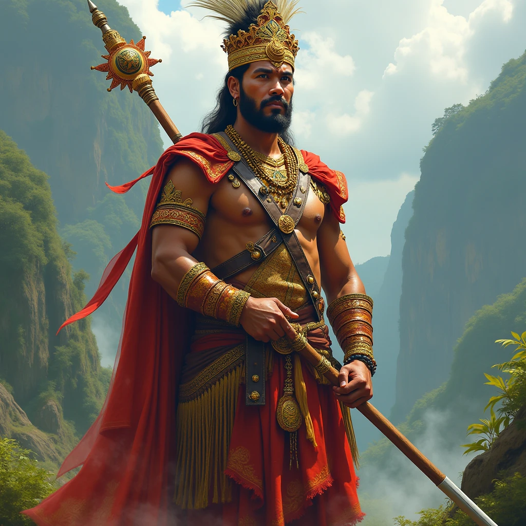 Generate a image of tamil ancient king holding sword on his back and feathers on his headband with twist moustache and no beard