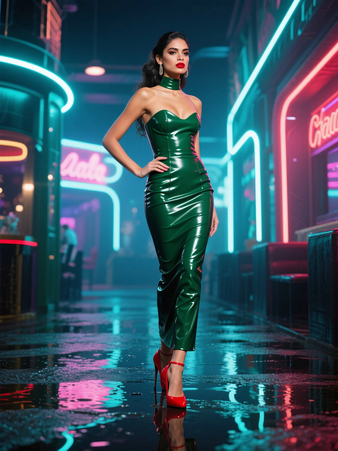 <lora:AventurineWorld:1> (AventurineWorld:0.9), 1woman sexy skinny in latex dress walking in a cyber city with ghosts