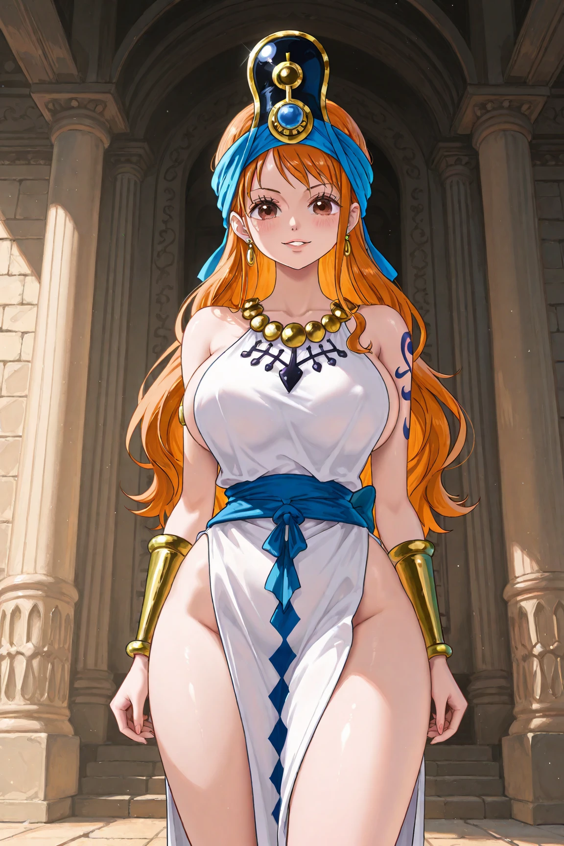 Nefertari: It has an elegant and regal appearance. Her long, dark hair is braided with golden beads and adorned with ostrich feathers.. He wears a white linen tunic with gold embroidery and a royal blue linen cape..
Phenotype: His almond-shaped eyes are an intense amber color., and his skin is a warm tone, like desert sand, she is brave and strategic. Like a general&#39;s daughter, She is committed to protecting her kingdom.
 isis: It has a mysterious and ethereal appearance. Her snow-white hair flows down her back, and wears a long dress with magical symbols embroidered in gold thread.
Phenotype: His skin is pale, almost translucent, and his eyes are a deep blue, like the night sky, She is a calm and thoughtful girl.. as a sorceress, She masters healing magic and is protective of those around her.. Sometimes, his gaze seems to traverse time and space.
Amara: Has an adventurous look, Her brown hair is pulled back into a messy ponytail., and wears a silk scarf to protect herself from the desert sun.
Phenotype: His green eyes shine with curiosity, and his skin is tanned by the sun, She is curious and brave, as an archaeologist, is fascinated by ancient secrets and forgotten tombs Sekhmet: She is an imposing girl with a perfect and fierce body.. Her flame-red hair is braided with gold beads and adorned with lapis lazuli jewelry..
Phenotype: Her golden eyes seem to reflect the inner fire of her warrior spirit but she is passionate and temperamental so she likes to walk showing her body as much as possible to the point of being naked.. As leader of the rebels, fight oppression with ferocity, She is also a professional seductive girl