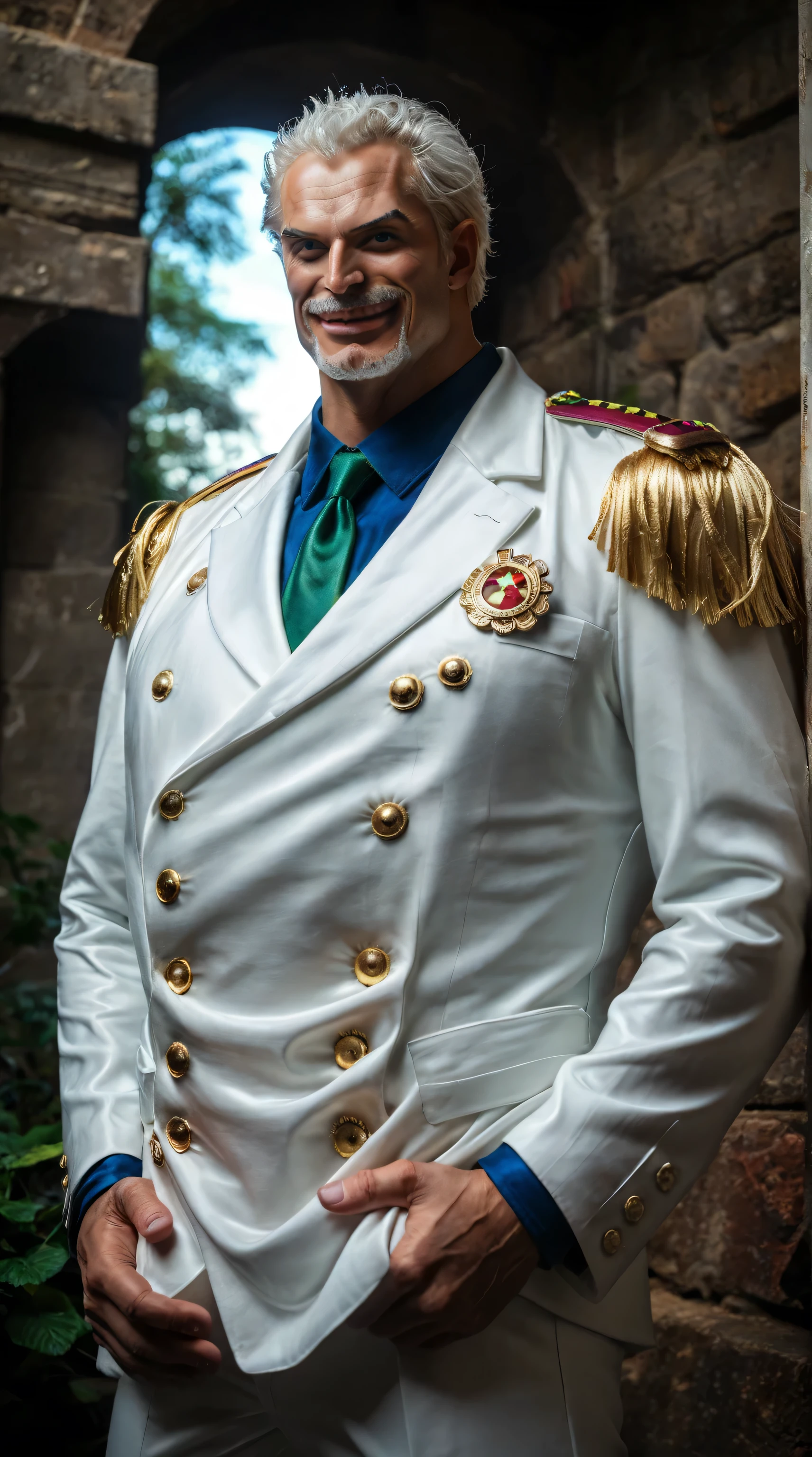 score_9, score_8_up, score_7_up, source_anime, detailed, wallpaper, beautiful details, 1 man, monkey d garp, one piece, ultra realistic, realistic style, A muscular and imposing elderly man with a square jaw and short white hair, thick eyebrows, and a confident, boisterous smile, He wears a pristine white military suit with gold buttons, a green tie, and a large white justice coat draped over his shoulders with golden epaulets, His arms are crossed firmly across his chest, standing tall with a proud and heroic posture, Highly detailed, ultra realistic, cinematic lighting, sharp focus, outdoors, exuding strength, honor, and authority,
