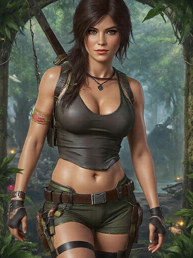 Beautiful young woman,Laura Croft,long brown hair in a ponytail,beautiful detailed eyes,beautiful detailed lips,extremely detailed eyes and face,longeyelashes,big bouncing breasts,blue t-shirt and green thong,white sox,black gloves,hiking boots,thigh gun holsters,(best quality,4k,8k,highres,masterpiece:1.2),ultra-detailed,(realistic,photorealistic,photo-realistic:1.37),HDR,UHD,studio lighting,ultra-fine painting,sharp focus,physically-based rendering,extreme detail description,professional,vivid Tomb Raider, Syfy, artists,beautiful young woman (Laura Croft),long brown hair in a ponytail (beautiful and detailed),big bouncing breasts, ((( exposed breasts 1.6))) ,blue t-shirt and green jean shorts,white sox,black gloves,hiking boots,thigh gun holsters,sharp focus,ultra-detailed,portraits,physically-based rendering,vivid colors. Full body