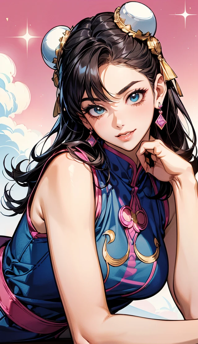 a woman in a white and gold cheongsam, sitting on a rock, elegant full body, makeup, mole, multicolored hair, black hair, look at viewer, Oval face, fine face, Fine eyes, Blue eyes, Detail eyes, Double eyelids, happy, smiling (Pearl earrings:1.2), Highly Detailed Skin Texture, Golden ratio, gorgeous Chinese model, beautiful oriental woman, beautiful goddess, beautiful Asian girl, royal elegant pose, gorgeous lady, classy, (Flower background:1.4), (Colorful:1.1) highest details, HDR, the appearance of the hourglass