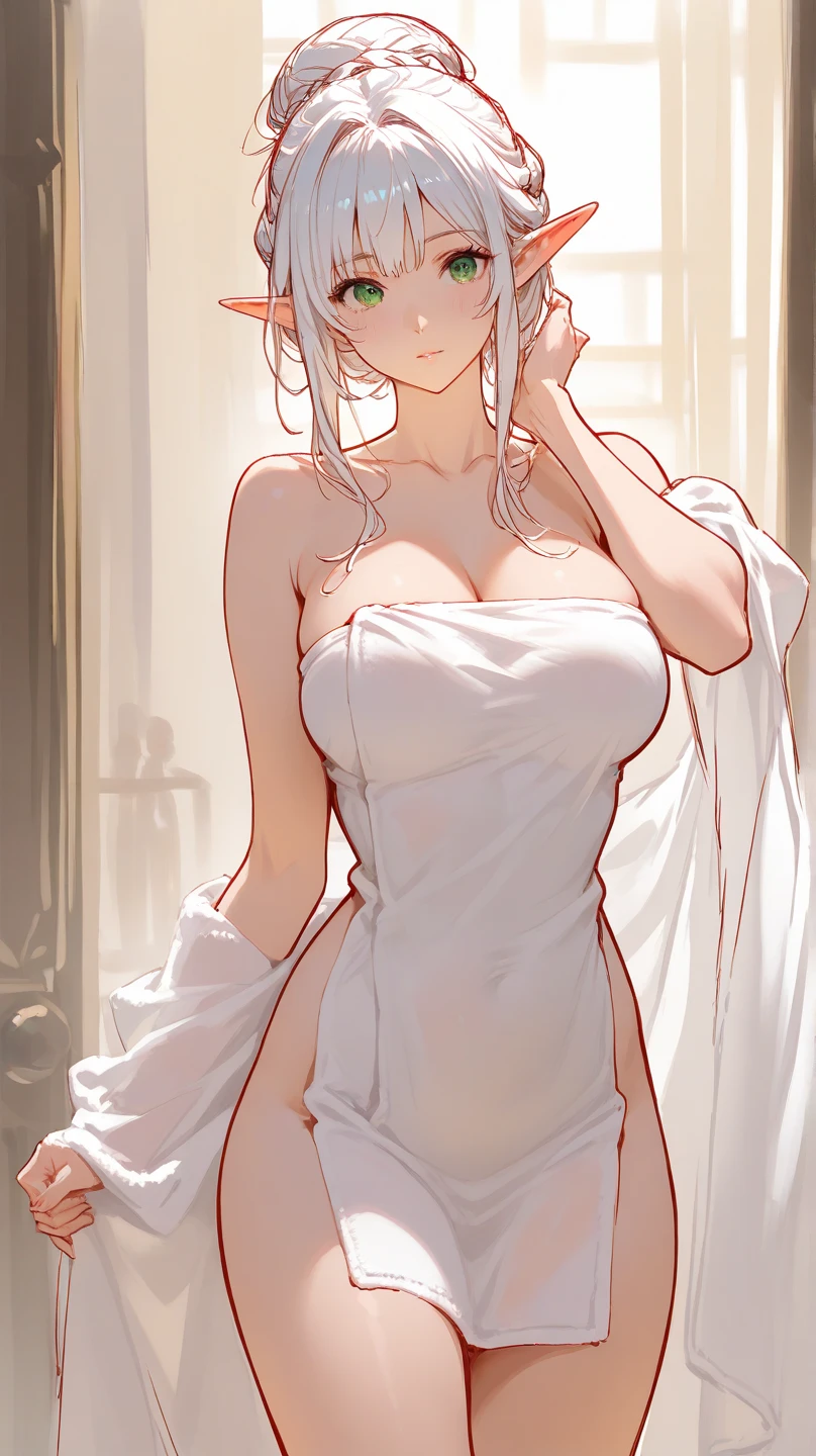 Anime girl, long dress revealing thigh and breast