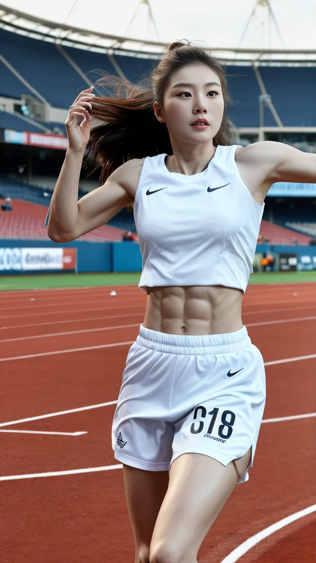 Boys on the track and field，sweat leggs，Photos during exercise，in track outfit，Run，Masculine，Exquisite facial features，virile，musculature，rich facial detail（（The crotch is raised））closeup cleavage