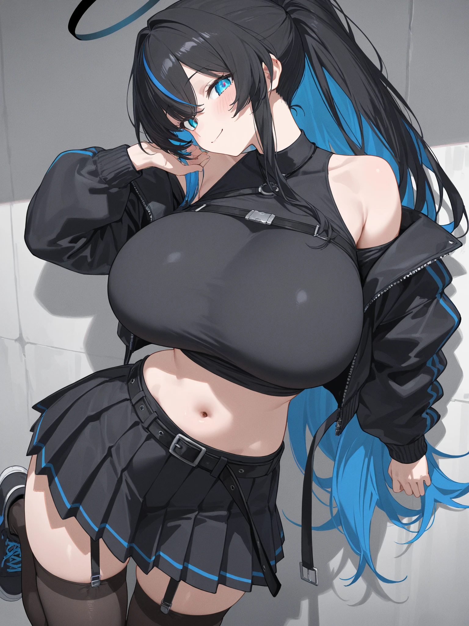 Black-haired, blue-eyed, large-breasted woman