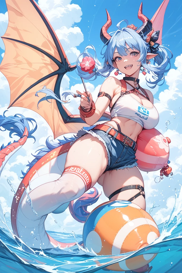 masterpiece, detailed, high quality, absurdres, elira, 1girl, solo, head wings, medium breasts, curvy, wide hips, 
BREAK hair over one eye, one eye covered, 
BREAK from above, pond, arch, japanese architecture, dawn, victory pose, 0.7::sports bra, pom-pom pants0.2::, face mask, :o,
BREAK standing, legs together, Ecchi sexy waifu ero anime 