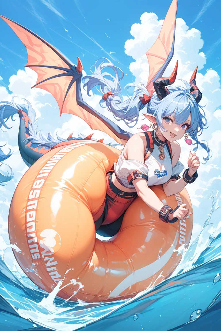 1girll、Dragon、Red eyes、Sharp eye light、Dead reservoir water、ssmile、White hair、Dragon wings、Dragon's horn、Dragon's tail,swim wears,swim wears