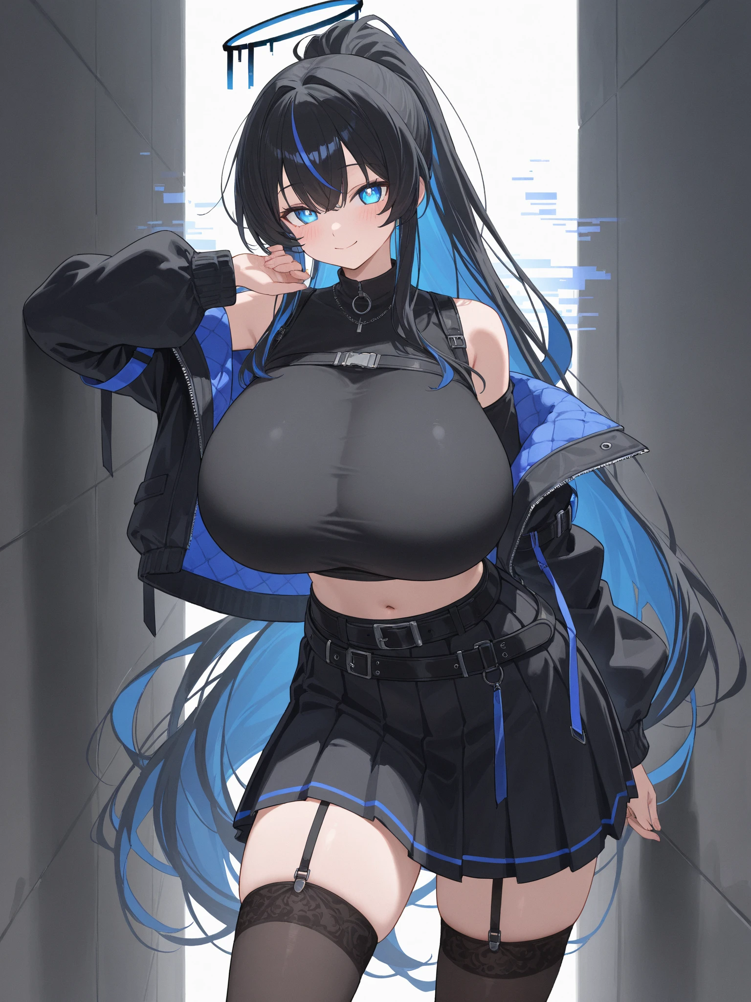 light blue hair、blue mesh over right eye、wolf ears、Wolf's Tail、Double teeth、2 ahoge on head、wonderful、girls、huge breasts、red blush、strong、Department of Mines、long , alone, milf