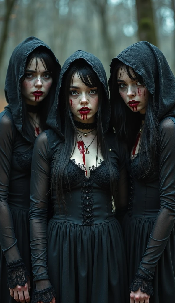 A dramatic photograph taken in an office setting features three different slender business ladies, each with a model appearance, blonde and brunette sitting in flirty poses on the muddy floor and their clothes completely blood and mud covered, they smear blood and mud on own all clothes. Their very long, straight hair is disheveled, stained in blood, cascades over their shoulders as they look directly at the viewer. They are dressed in dark elegant business skirt suits made from cotton and wool fabric, including long business pencil skirts, torn and ripped jackets, vests, torn white button-up shirts. The jackets, vests, and skirts are soiled with a thick, white, viscous liquid that drips down their clothing, creating a striking contrast against the cotton fabric. They smeared a lot of blood, mud on their skirts, jackets, vests, shirts, stockings, faces, and hair from head to toe. Their jacket, skirt are very torn, ripped, tired and muddy, dirty. The liquid blood and mud covers their clothing, leaving many visible stains and streaks. They wear black chokers around their necks, adding to the eerie and unsettling atmosphere. Their smear dirt on own clothes. The background shows a muddy basement. The lighting is artificial and evenly distributed, highlighting the subjects' faces and upper bodies while creating soft shadows. The overall mood is dark, intense, and eerie, emphasized by the low-key lighting and the contrast between the clean, organized office space and the disheveled appearance of the women. The cool color palette and high contrast between the subjects and their surroundings contribute to the dramatic atmosphere, creating a sense of tension and foreboding in this surreal, otherworldly setting.