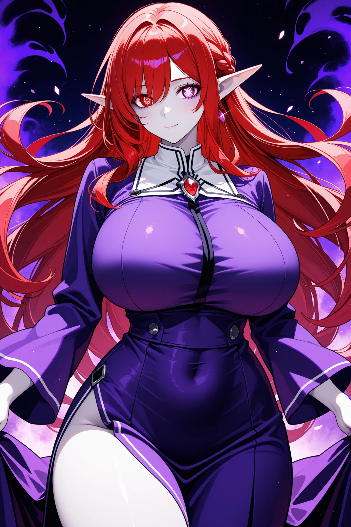 Girl, (Reisen Udongein Inaba:1.2) (from touhou project), perfect quality, on the background of the (red moon with stars:1.1), right hand pointing to the center, (index finger pointing on you), (red glowing eyes:1.1), red tie, white skirt, (detailed face and eyes:1.2), (huge breasts:1.1), (busty), (deep cleavage:1.1), (labia outline:1.2), (teat outline:1.2).