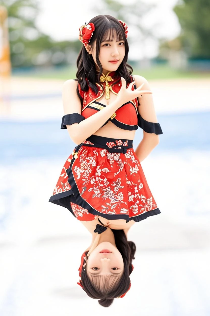 masterpiece, photo of a girl, solo, black hair, hugeunderboob, light_smile, ofuda, china dress, crossed arms, armpit, armpits, ((kneeling to spread legs)), ((pubic hair)),