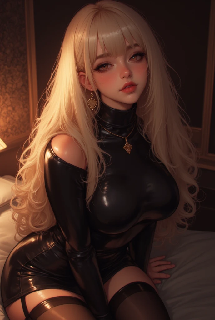 (((Blonde stunning hair))), (blue eyes), blue necklace, Golden earrings, Fit, Gorgeous Body, gorgeous, brown eyebrows, (two moles over lip), big pupils, (23 years old), 1girl,solo, complex skin, warm light, (large breasts), wide thighs, round butt, 5 fingers, ((blushing)), ((detailed face, best quality)), ((masterpiece)), ((ultra-detailed)), (beautiful detailed eyes), red lip, eyeshadow, beautiful face, long hair, very detailed eyes, intricate details in eyes, perfect lips, good lighting, cleavage, girly bedroom background, pink bedroom, ((Black latex leggings)),(knees wide open, sitting on bed), (full body, POV: 1.5 from the bottom-middle), character in the middle of the portrait