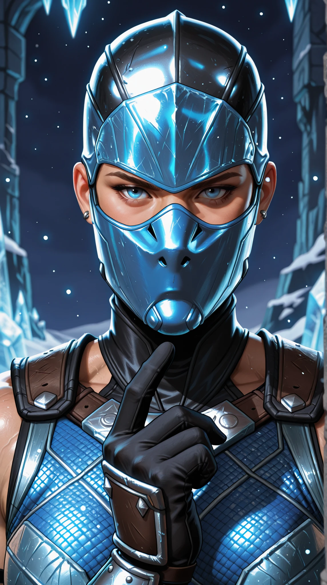 [FROST], ((Masterpiece)), ((High quality art)), ((High definition)), ((solo portrait)), ((upper body)), ((beautiful render art)), ((detailed shading)), ((intricate details)), {(Beautiful woman), (pale skin), (cute blue eyes), (spiked cyan ice hair), (mask on face), angry, (slightly muscular legs), (cleavage)}, {(black bodysuit), (blue folded gi), (fishnet), (blue boots)}, {(standing)}, [Background; (mountain), (snow), (grey sky), (clouds)}