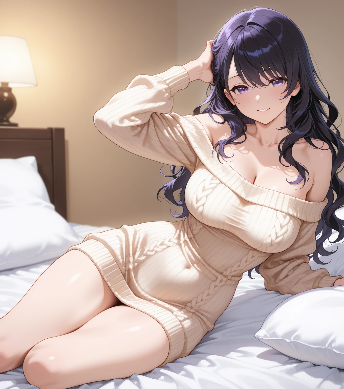 Brown hair, sexy, large breasts, purple lingerie, purple underwear