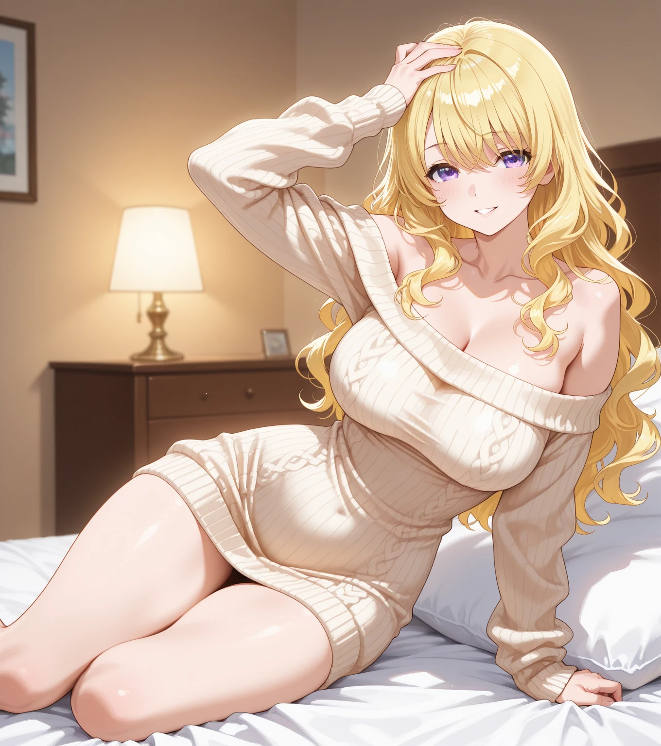 1girl, alone minami fuyuki,masterpiece,best quality,highres,ultra-detailed,bbminami,long hair,large breasts,ahoge,earrings,necklace,dress,pink dress,shirt,bare shoulders,shorts,indoors,bed,sitting,wariza,smile,(blush:1.2),medium blonde hair, purple eyes, embarrassed, seductive, makeup, big breasts, medium waist, wide hips, medium thighs, cleavage, pink lingerie, sexy posture, sitting on bed, night, good lighting