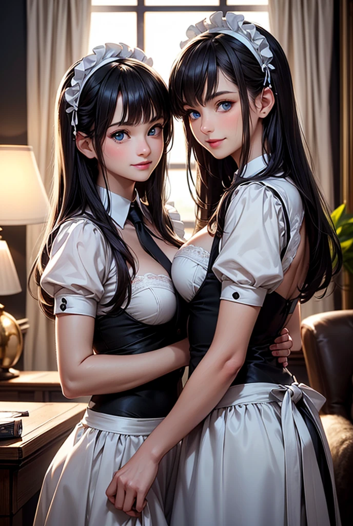 (((best quality, On the table, Ultra-high resolution、most complex、The most detailed description、The award-winning, 8K、Bright and vivid)))、(1 beautiful maid、Half is Japan，Half Spanish、Stand gracefully、A maid Stand gracefully)、(Gorgeous Victorian maid costume、Black and white maid outfit with luxurious long skirt、巨大的Black and white maid outfit、Black and white maid outfit、Black and white maid outfit、decorated、Big apron and black and white maid outfit)、((The background is the luxurious royal VIP room.、Black and gold gothic royal、Deluxe King Bed、Complete interior of a luxurious royal bedroom、Very Gothic and ornate、Gothic ornate royal、Luxury beyond imagination、royal palace interior、 The room is decorated with many ornaments,、Gorgeous interior、Dazzling light、gorgeous room、Very complex and detailed background、Highly complex and detailed texture))、(Look at me and smile、The happiest smile、Emphasize body lines、plump big breasts)(((Cleavage)))