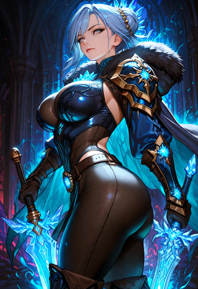 (masterpiece, best quality, high resolution, ((full body, standing,))((huge breasts)) 1 female, magic warrior, elegant appearance, very long light blue hair with straight hair, full body magic warrior armor, rapier hand,
,(full body)
