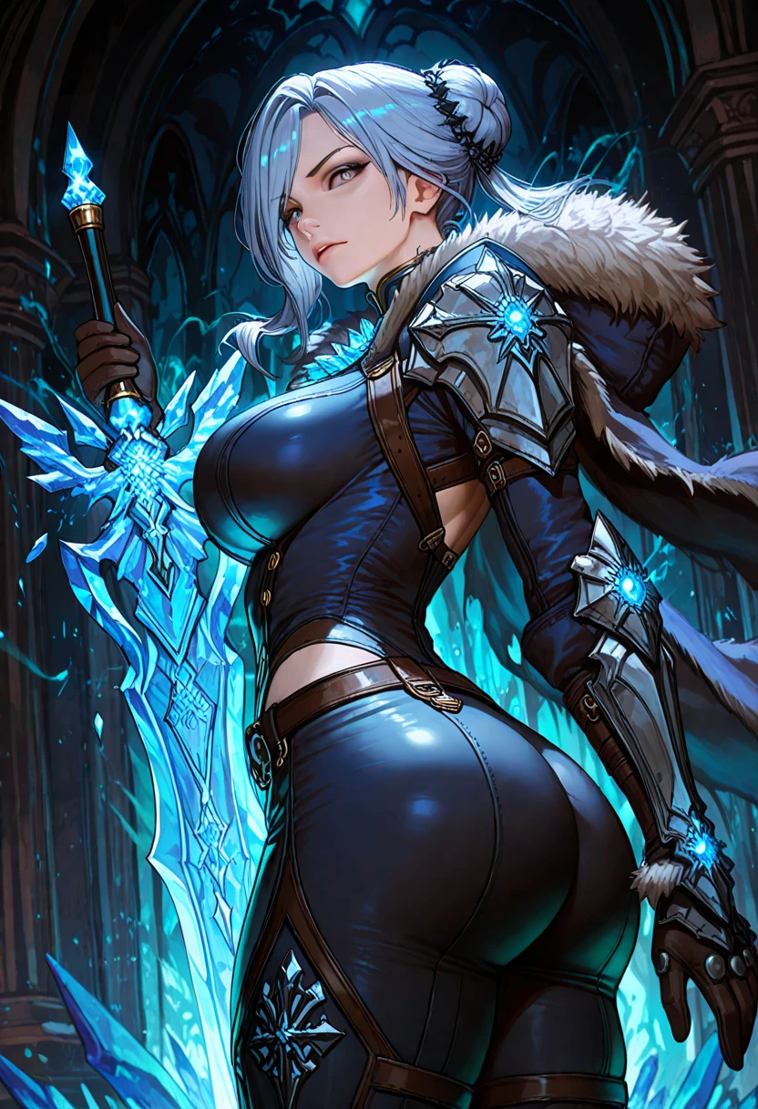 score_9_up, score_9, score_8_up, score_7_up, source_anime,masterpiece, best quality, high resolution, extremely detailed CG, absurdres, highres,1girl, a girl knight wearing heavy armor, with fur on both shoulders, holding the Sword of Ice, cleavage, thighs, (skinny), expressionless, thighs armor, butt armor, blue_eyes, glowing_eyes