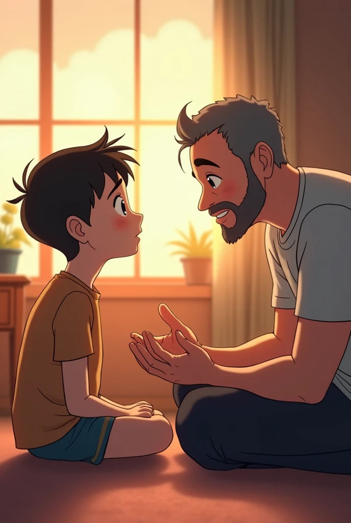 A father explaining something to his son in anime style