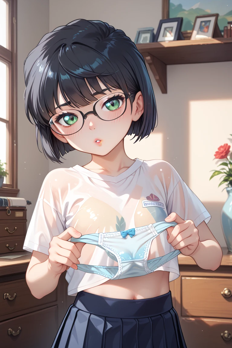 Ten_years_old girl, very short shorts, booty shorts, topless, nude smile, open mouth, freckled skin, body freckles, glasses