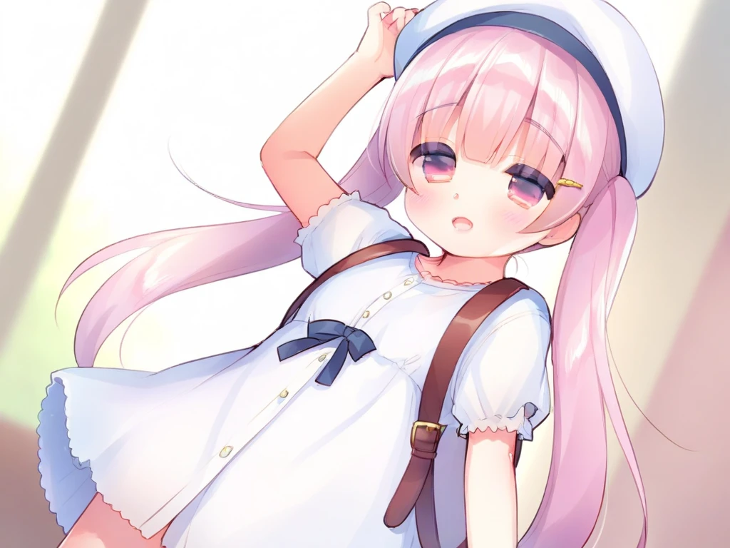 The woman has long white hair down to her waist, wears a cute pink hat, wears pink casual clothes and wears a fairly small skirt with white socks covering her legs up to her thighs, Pregnant.