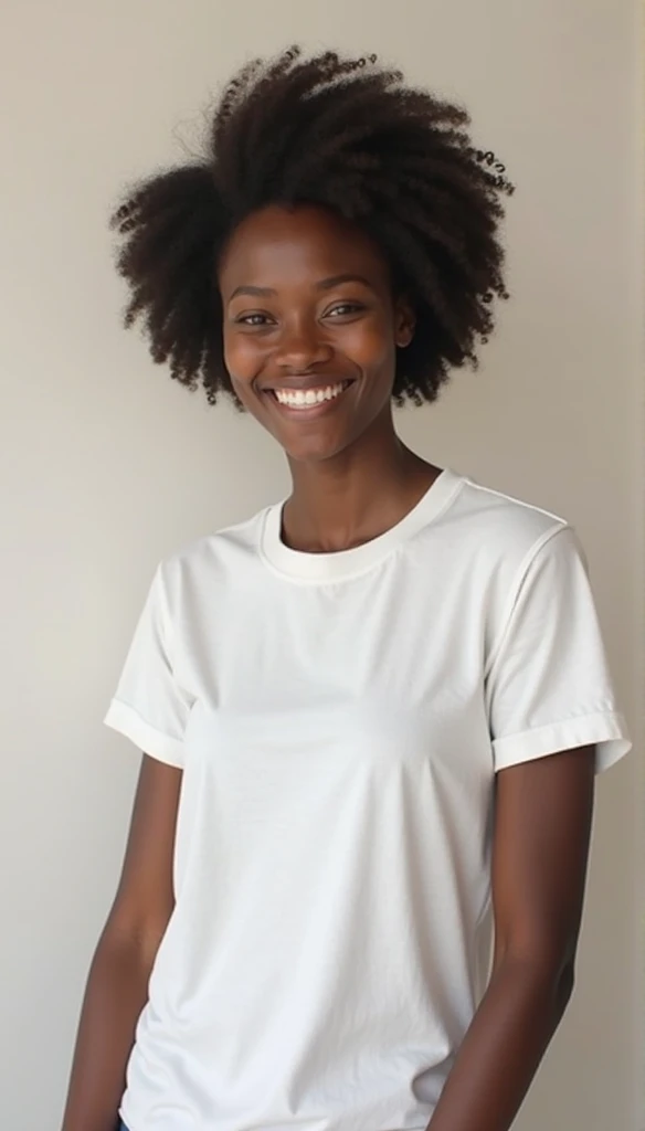 black woman hair in a bun, black leather short shorts, white tshirt, smiling braces on teeth