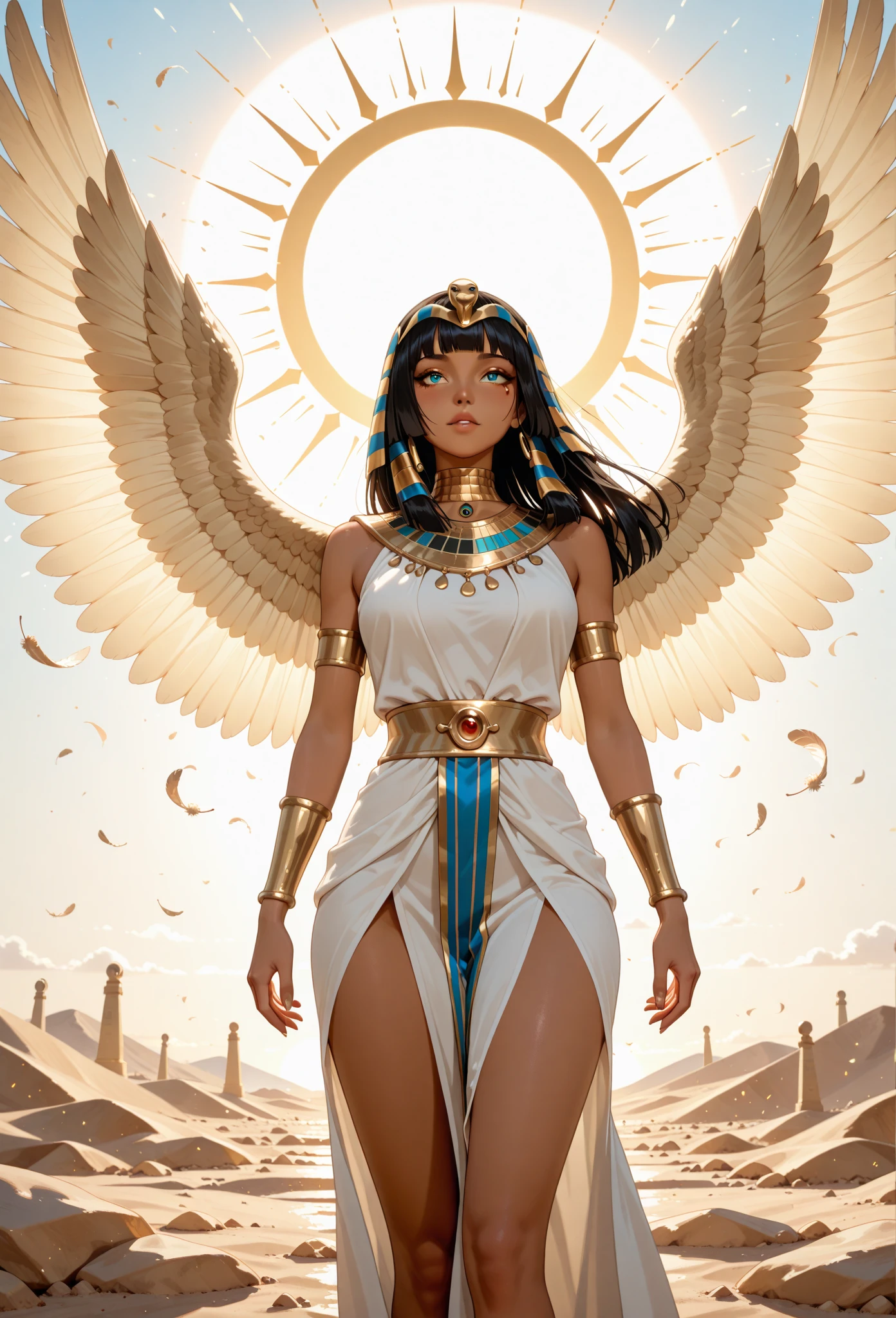 Uma princesa do Egito com asas douradas, emanando uma aura de divindade. Her flowing dress in shades of white and gold complements her majestic wings. It is hovering over the desert dunes, looking down with a serene and powerful expression.