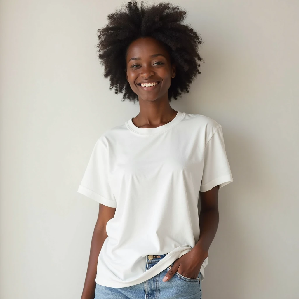 beautiful brazilian woman, curly hair, standing straight facing forward,with white t-shirt, ripped denim jeans pants, on a greyish background, cotton t-shirt texture, fitted t-shirt, round neck, striped tights. Medium camera shot.