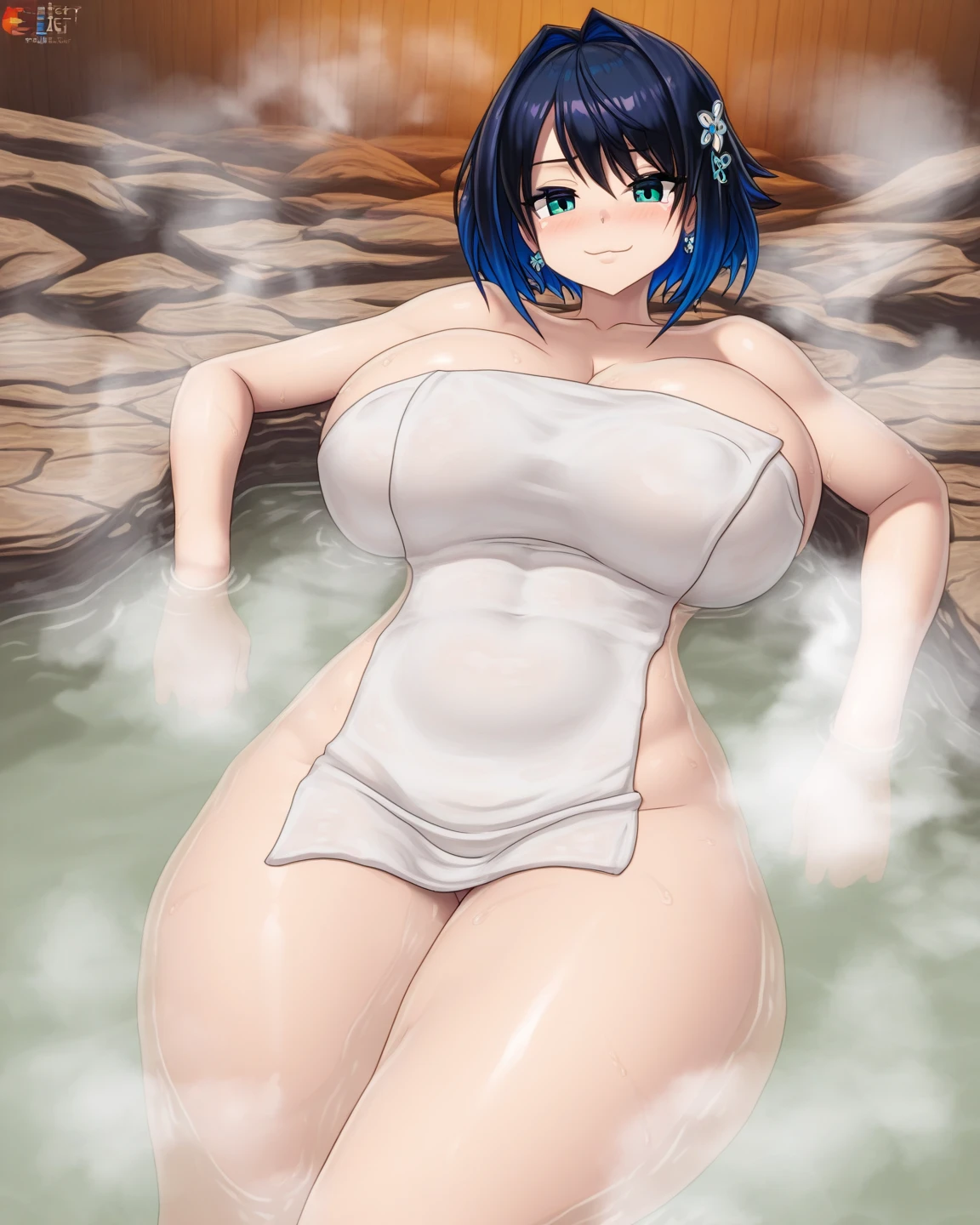 ((1 woman with a towel wrapped around her body)),((wet)),((huge breasts)),((in a forest)),((eyes closed, sleeping, lying on the floor with legs open, arms head attracts)),((very large pubic hair)),((wet black hair)),((facing the viewer, in a forest)),