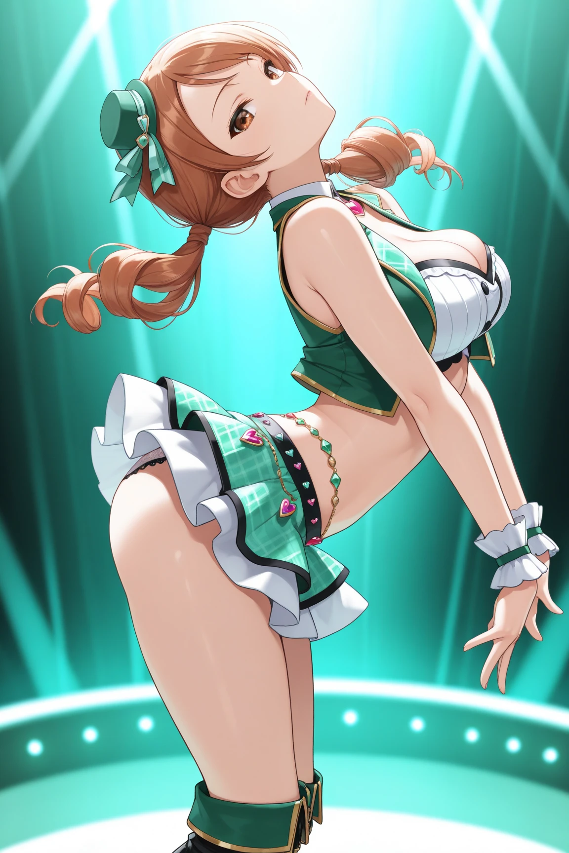 In a brightly lit studio, a brunette young woman dances with vibrant energy. Her almond-toned hair shines under the studio lights, complementing her dress that reflects the latest fashion trends. This dress is not just a reflection of her bold personality, but also a symbol of her unwavering confidence. She moves to the pulsating rhythm of an electro house song, her movements are dynamic and full of energy, perfectly synchronized with the beat of the music. The setting is dominated by a vast green screen, which serves as a blank canvas, ready to be filled with any scenario or effect that the imagination can conceive. The green screen is more than just a simple backdrop; it is an invitation to the unbridled creativity of post-production effects. Each beat of the music and each dance move has the potential to bring to life a multitude of stunning visuals on the green screen. Her dance is not just an expression of joy, but also a performance that captures the attention of all present. Each movement she makes, each step she takes, is executed with a precision that can only be achieved through years of practice and dedication to her art. She is the embodiment of passion and talent, a true star on the studio stage.