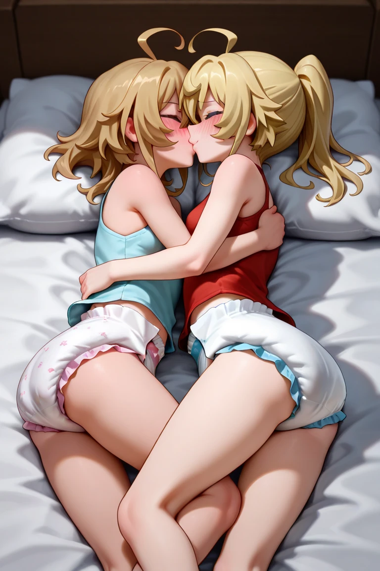 masterpiece, best quality, 30_year_old mother and 12_year_old daughter, petite, white , from behind, blonde, kissing, on bed, blush, best shadows, watercolor,