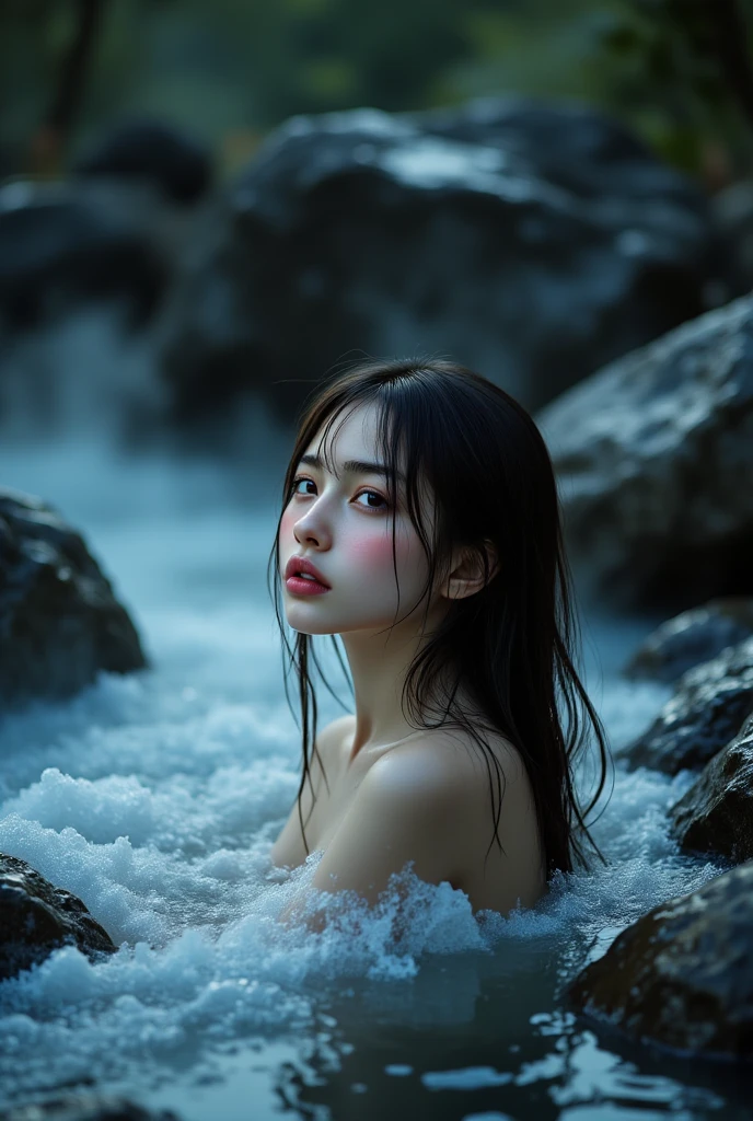 Sexy mermaid ,painterly style,elegant pose,water surface texture,gentle lighting,subtle color palette,high-definition details,wet hair effect,facial expression, Perfect Skin, Perfect face, Wet shirt, Night, A sexy, dreary atmosphere,liquids:1.3, Floating on the sea