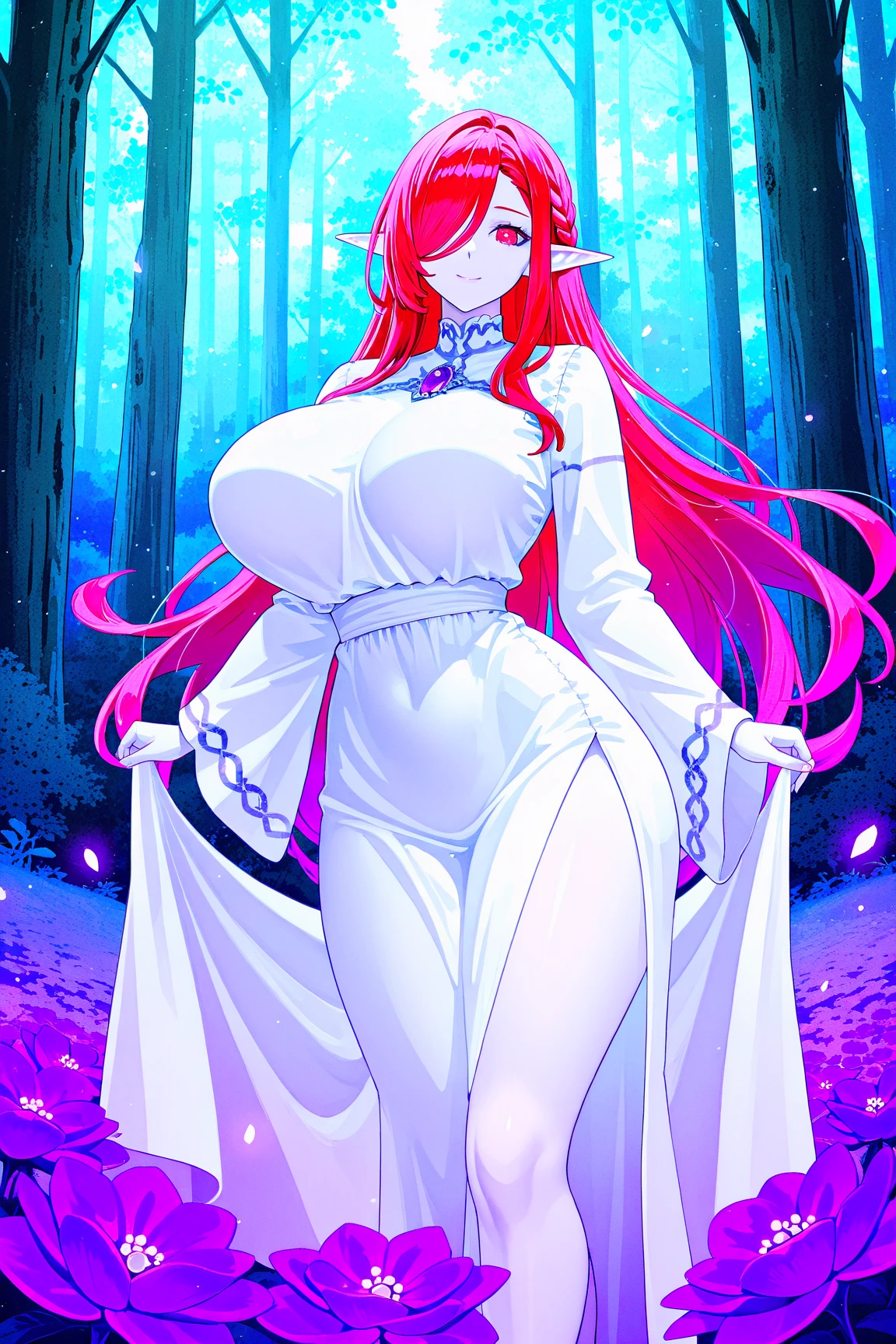 sorceress. sexy white robe, red hair, blank background, elf