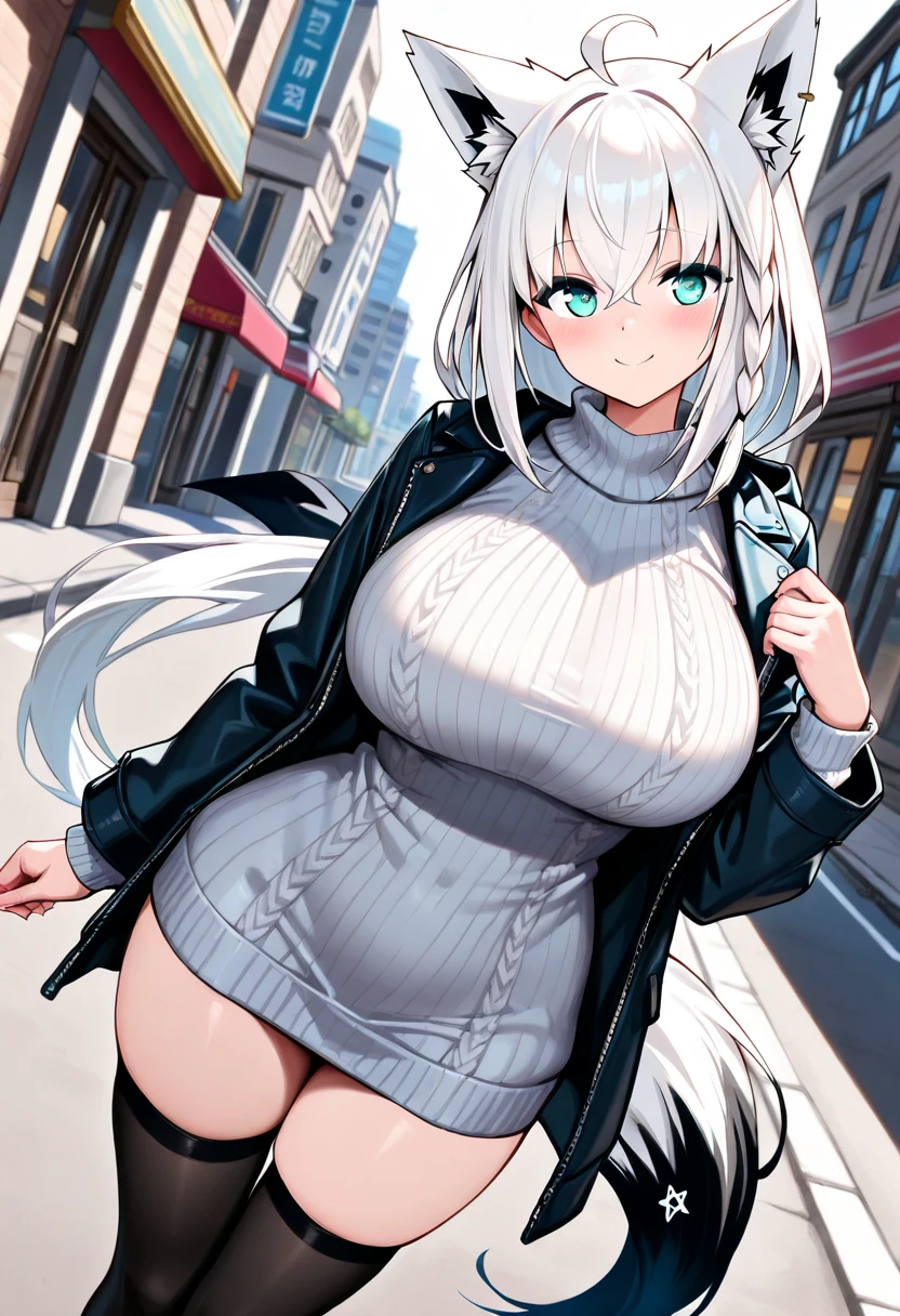 masterpiece, best quality, absurdres, 1girl, solo, RenXiongmao, panda ears, animal hands, black fur, short hair, sweater, ribbed sweater, long sleeves, high-waist pants, outdoors, city, <lora:RenXiongmao:1>