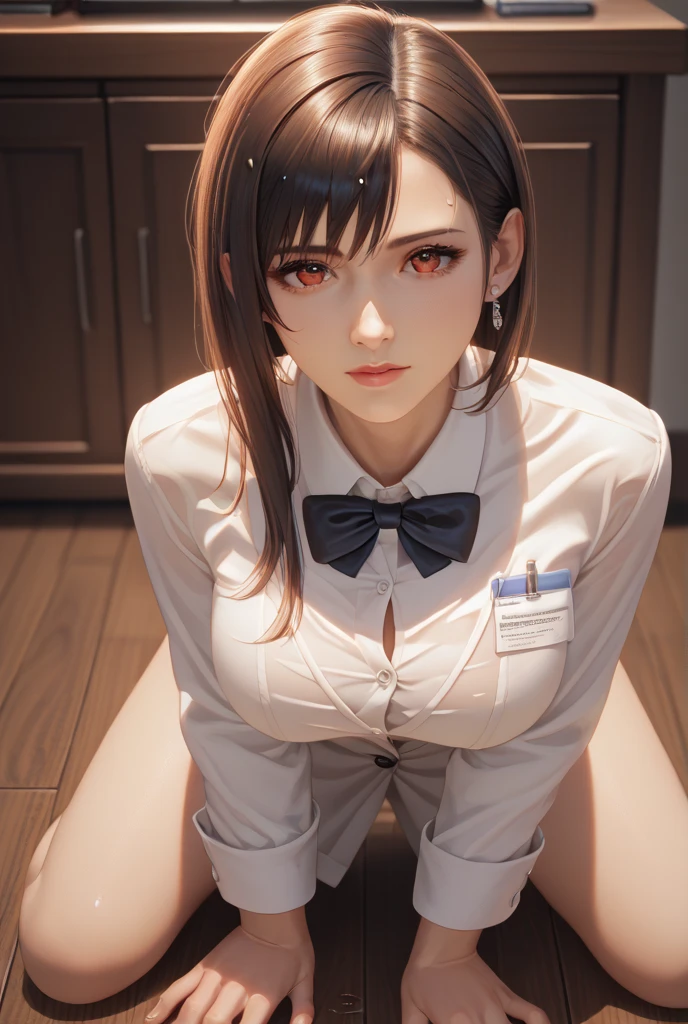 around 20 years old, (gracefully proportioned body shape), (high heels), (bob hair), (garter stockings with anklet), (spread legs), wince,(orgasm:1.5),awaiting tongue,(subtle and elegant light makeup), Delicate and beautiful fair skin, Detailed facial description with double beautiful eyes, gentle eyes that sparkle with youth and innocence, portraying the stunning beauty of a young, adorable Japanese woman, a beautiful portrait capturing her captivating charm and allure. (8K, top-quality, masterpiece: 1.2), (realistic and photorealistic: 1.37), (office att)