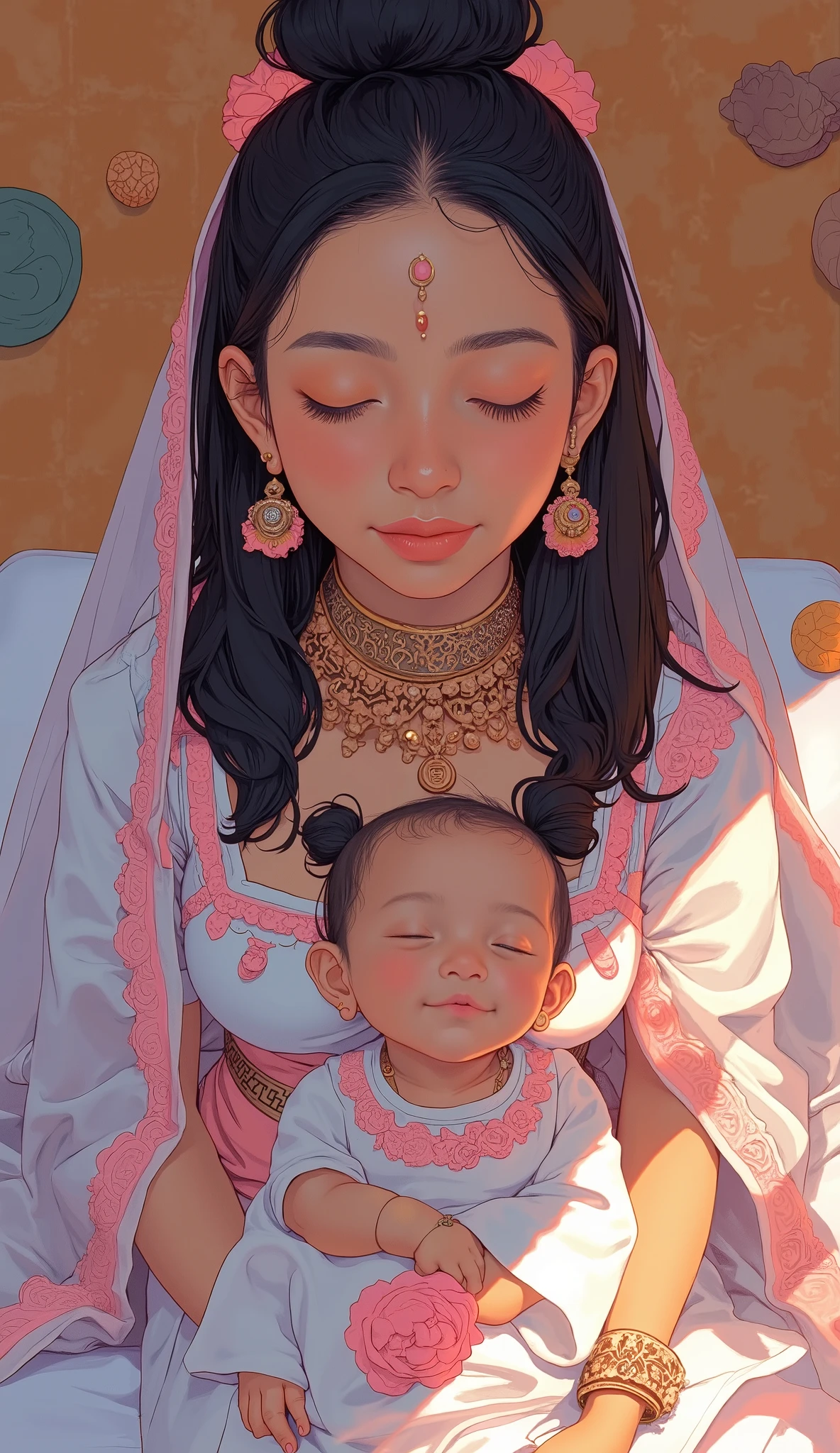 Taken from above、fisheye lens、Closeup of a beautiful Indian woman in a white and pink dress holding a baby,Show Forehead、Bindi、 bundles his hair、Close your eyes and smile kindly、Warm Light、Futuristic Art,